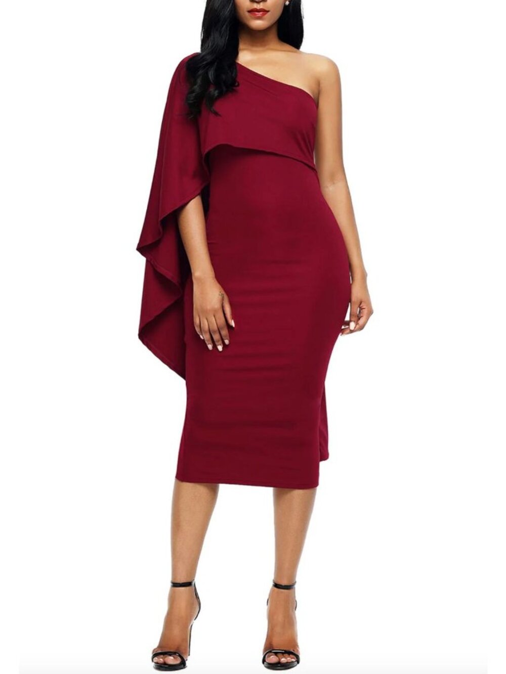 Dark Red One Shoulder Draped Bodycon Scuba Sheath Midi Dress XL Cocktail Wedding